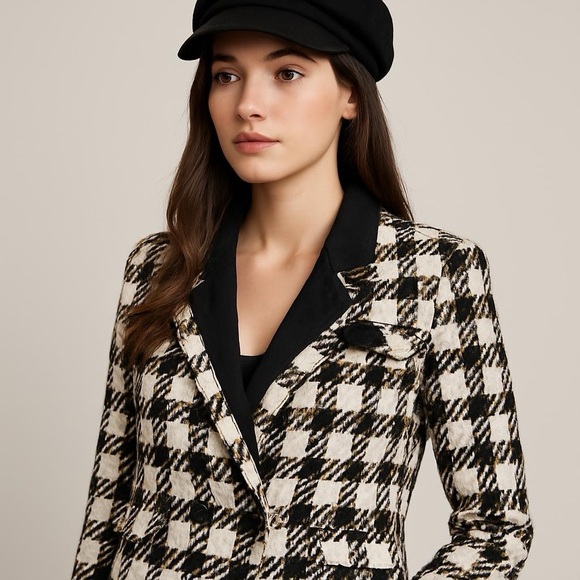 Vintage 80s 100% Silk Houndstooth Blazer Jacket, Size 10 - Picture 1 of 11